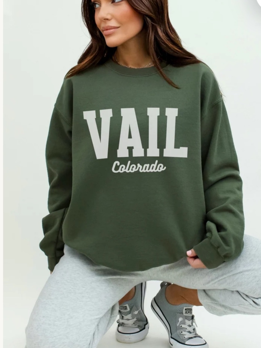 Vail Colorado Varsity Crewneck Sweatshirt - Olive Green! L